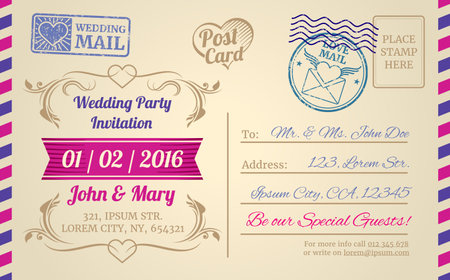 Vintage postcard vector template for wedding invitation, love letter, valentines dayのイラスト素材