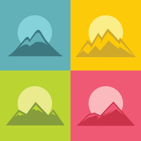Mountain flat icons with sun on color backgroundのイラスト素材