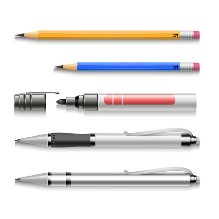 Pens, pencils, markers, realistic vector set of writing toolsのイラスト素材