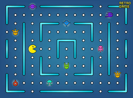 Pacman like video arcade game with ghosts, labyrinth and user interface vector stockのイラスト素材