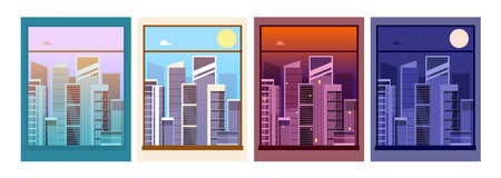 View from window. Night day city, building silhouettes in dusk outside. Time on street, morning...
