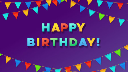 Birthday typography poster. Colorful pennant flags and 3D text Happy Birthday. Party card design, celebration vector backgroundのイラスト素材