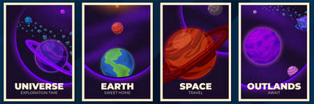 Planets banners. Space poster, magazine cover with galaxy or universe. Future exploring, cartoon...