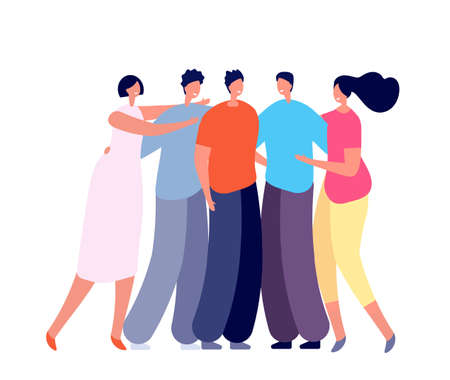 Best friends support. Girls boys hugging, isolated young adults group. Culture student community, solidarity or helping utter vector conceptのイラスト素材