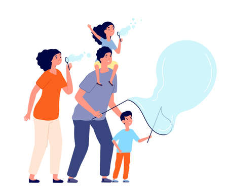 Family and bubbles. Soap bubble blowing, happy parents and child outdoor game. People play together, summer fun activity utter vector conceptのイラスト素材