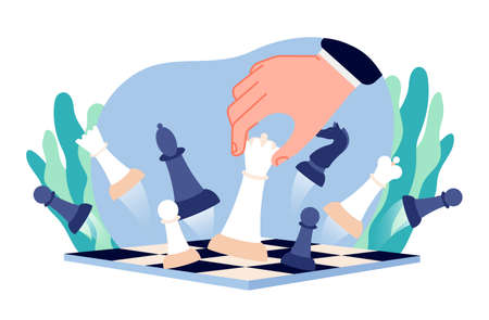Chess business strategy. Businessman game, hand moves queen piece on board. Abstract mind thinking, career victory gambit utter vector conceptのイラスト素材