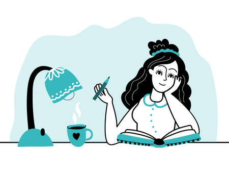 Girl and diary. Woman write journal, young student studying and make note. Author writing book, female doing homework or drawing decent vector conceptのイラスト素材