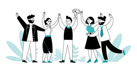 Business team with trophy. Flat people reward, achieving or success of employees. Victory celebration, office winners group decent vector conceptのイラスト素材