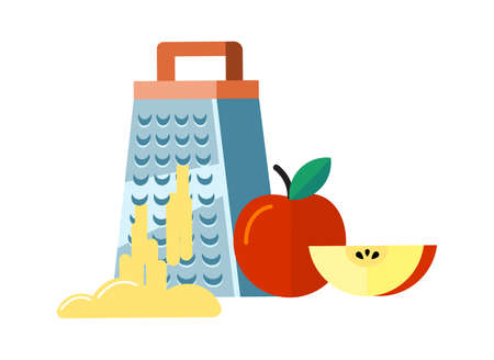 Flat food preparation. Apple chopping, fruit and grater. Fresh garden product grinding, seasonal vitamins cooking vector illustrationのイラスト素材