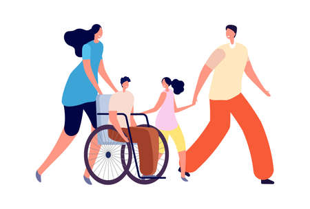 Handicapped kids in family. Disability activity, disabled child with sister and parents. Accessible environment vector conceptのイラスト素材