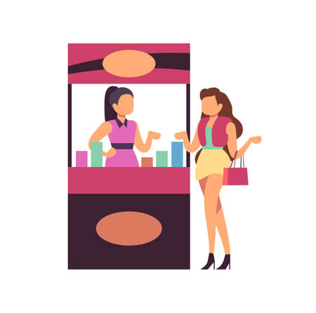 Sexy girl on shopping. Woman on trade expo, advertising of goods. Seller and customer, cartoon street stall vector illustrationのイラスト素材