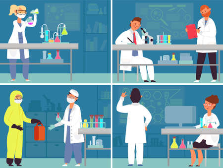 Medical laboratory characters. Lab work, medicines research equipment. Women working on drug development, decent chemical scientist vector conceptのイラスト素材