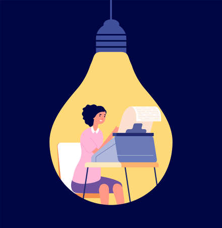 Creative copywriting. Creativity content, blog write or opinion posting. Author thinking in light bulb, creator or idea creation uttern vector conceptのイラスト素材