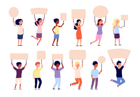 Kids holding banners. Children hold banner, hands with paper empty signs. Student and poster, school...