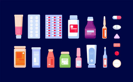 Pharmaceutical medications. Pharmacy bottle, medicinal drug and pills. Cartoon flat painkiller, drugstore antibiotic injections utter vector iconsのイラスト素材