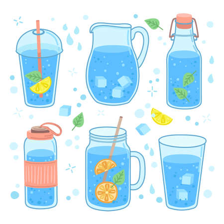 Drink water concept. More drinking, glass bottle cup and mug. Healthy trendy lifestyle, zero waste and reusable plastic flask exact vector setのイラスト素材