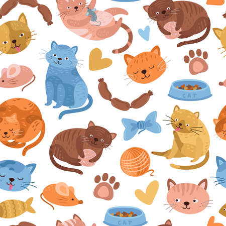 Kitten pattern. Cartoon cat, cute animal seamless background. Doodle fun pets print, childish or veterinary textile exact vector illustrationのイラスト素材