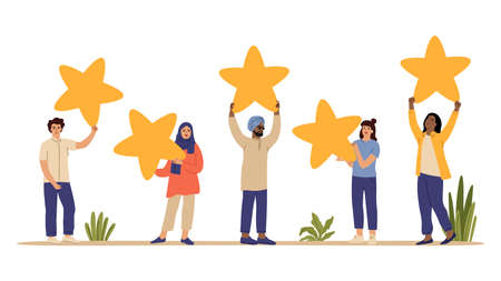Rating star. Customers review, people holding feedback five stars. Isolated diverse multicultural men women vector charactersのイラスト素材