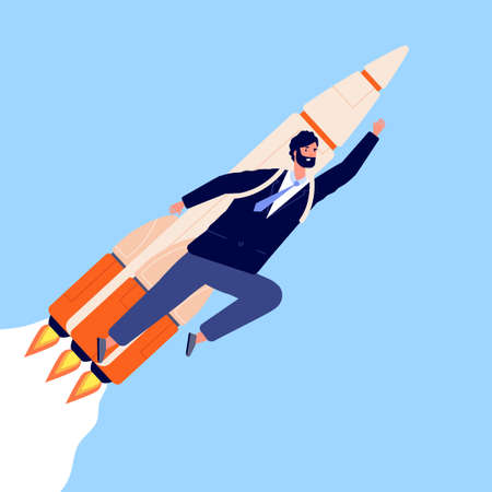 Businessman on rocket. Career growth, man flying with spaceship. Creative guy character, progress or...