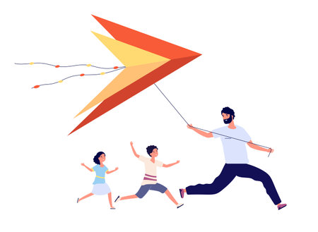 Father flying kite. Family celebration, parents with happy kids. Dad son daughter running, makar sankranti asian festival utter vector posterのイラスト素材
