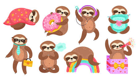 Sloth characters. Isolated sloths, lazy funny cartoon animal reading. Sleep on colorful rainbow, baby meditation dancing exact vector setのイラスト素材