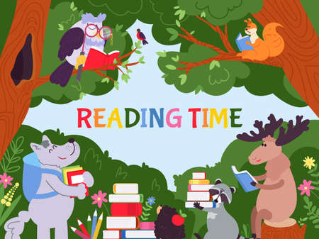 Animals reading background. Cartoon animal read, cute characters with stacked books. Mammal learning, decent school education vector frameのイラスト素材