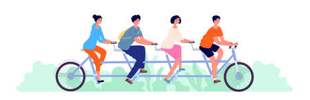 Tandem bicycle. Cartoon team on bike, teamwork or collective relaxing. Students friends ride together, business leadership utter vector conceptのイラスト素材