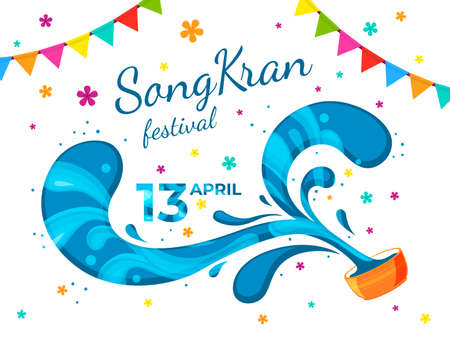 Songkran background. Amazing color water festival banner, thai party liquid splashes. Festive asian thailand bowl, orchid and flags recent vector posterのイラスト素材