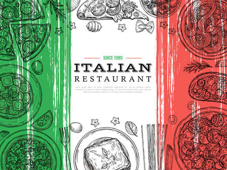 Italian food banner. Restaurant menu, vegetables and spaghetti sketch. Italy cuisine, lunch poster with pizza pasta ravioli vector designのイラスト素材