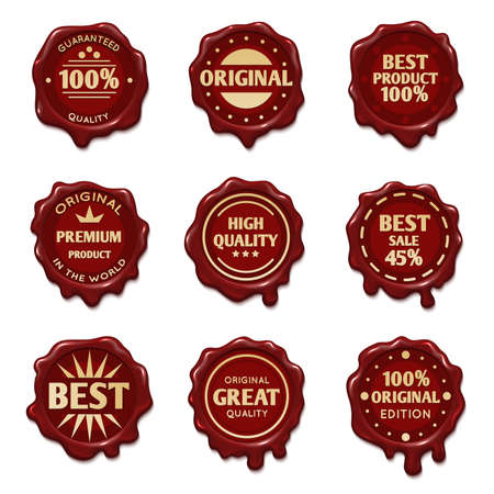 Old wax stamps with finest quality advertising text vector. Stamp wax premium, illustration of profitable red stampのイラスト素材