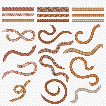 Realistic seamless rope and nautical cables vector set. Seamless rope twisted, illustration of realistic nautical ropeのイラスト素材