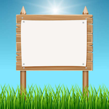 Wooden blank sign board with paper blue sky. Billboard with empty poster illustrationのイラスト素材