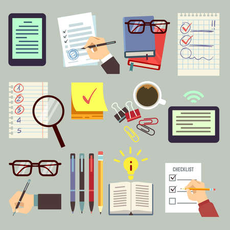 Agenda, appointment, pointing business list, organizer book, diary, calendar with event date, hands with pen and pencil vector set. Office supplies for organization plan illustrationのイラスト素材