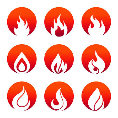 White flat fire icons in red rounds design. Collection of flame sings. Vector illustrationのイラスト素材