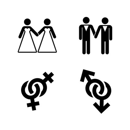 Vector gay wedding icons set white. Marriage love lesbian illustrationのイラスト素材