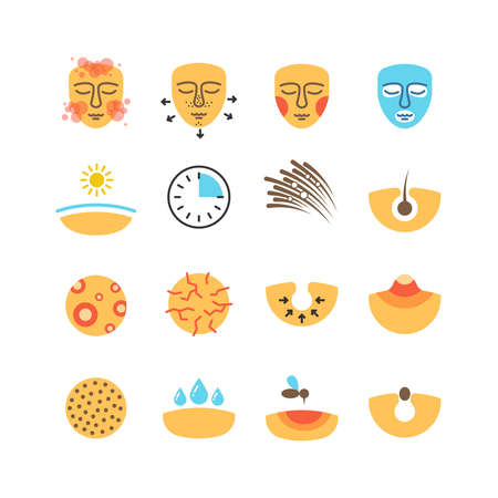 Skin, face problems, acne treatment, skin protect vector icons. Problem with skin iconsのイラスト素材
