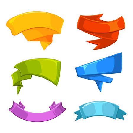 Horizontal cartoon scroll ribbon banners vector. Set of colored ribbon for design, illustration of ribbons in flat styleのイラスト素材