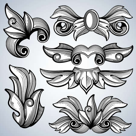 Decorative ornate engraving scroll ornament, leaves of baroque victorian frame border vector set. Frame elements for decoration corners. Illustration of ornament decorのイラスト素材