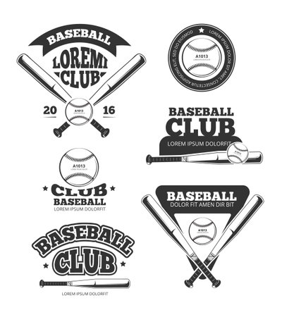 Vintage baseball sports, old vector logos and labels set with bats and softball. Sport badge for baseball club, illustration of emblem for baseball teamのイラスト素材