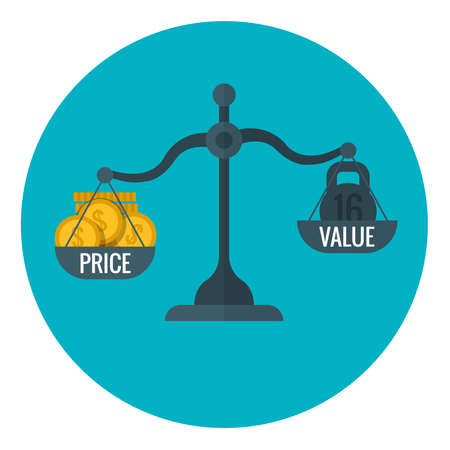 Business measurement of price and value with scale, pricing for profit vector concept. Compare price and value on scale, illustration of finance scale measurementのイラスト素材