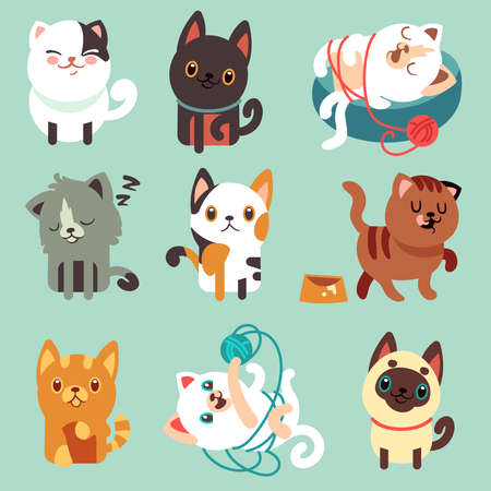 Cute cartoon cats, funny playful kittens vector set. Pet funny kitty, illustration of character happy play kittenのイラスト素材