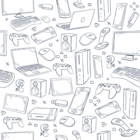 Computer game, device, social gaming vector sketch doodles seamless pattern. Doodle sketch joystick and gaming console, illustration of sketch background with smart deviceのイラスト素材
