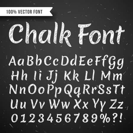 Chalk white calligraphy letters, vector writing alphabet isolated on black chalkboard. Letter and number for education, script type letters abc illustrationのイラスト素材