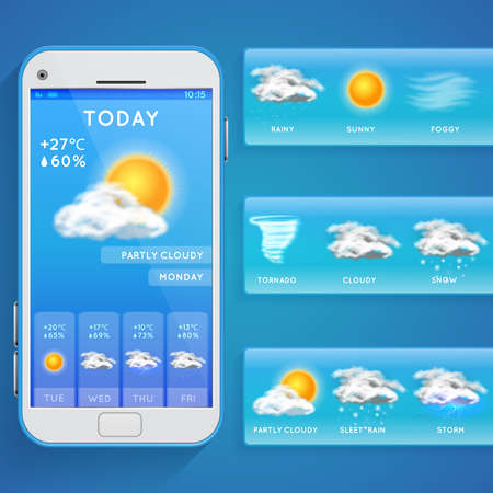 Weather forecast app on smartphone screen and realistic vector icons. Weather app on phone, illustration mobile screen with web forecast weatherのイラスト素材