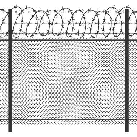 Prison privacy metal fence with barbed wire vector seamless black silhouette. Fence for prison security, illustration of wire fence for jaiのイラスト素材
