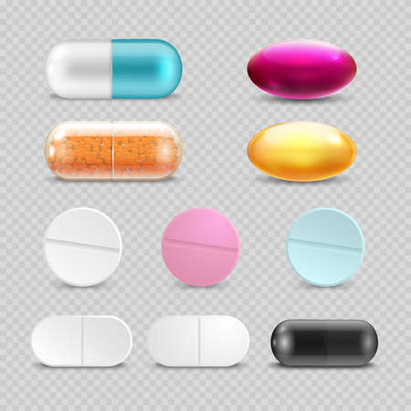 Medicine painkiller pills, pharmaceutical antibiotics drugs vector. Set of color pills, illustration of antibiotic and vitamin pillのイラスト素材