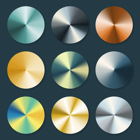 Metallic silver and gold conical metal vector gradients. Metal silver and gold plate illustrationのイラスト素材
