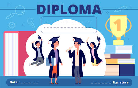 Kids diploma. Celebration student kid, kindergarten or preschool graduate. Education course certificate, cartoon child vector template. Illustration diploma education, graduation school celebrationのイラスト素材