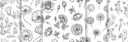 Floral pattern bundle. Flower rose dandelion magnolia seamless texture. Wild garden flowers sketch vector background set. Seamless rose and magnolia floral pattern illustrationのイラスト素材