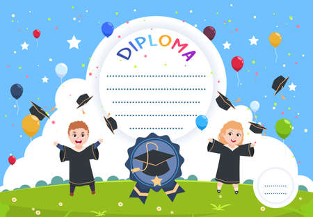 Kids diploma. Graduation certificate, children courses or work out reward. Cute graduates characters, flying caps and balloons vector background. Illustration education or graduation diploma degreeのイラスト素材